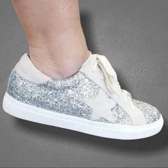 Silver Glitter Lace Up White Star Platform Sneaker - Picture 7 of 7